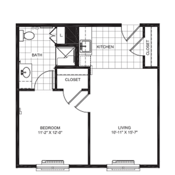 A one-bedroom apartment floor plan with labeled areas for living, kitchen, and bathroom.
