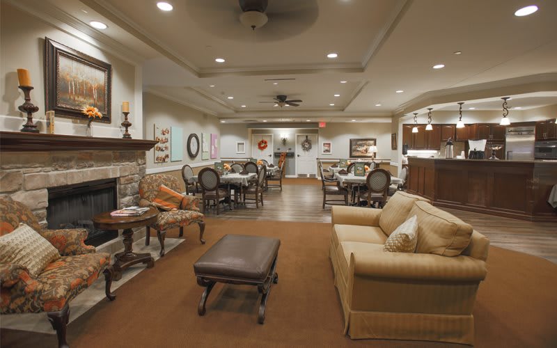 A cozy living and dining area with elegant decor and comfortable seating.
