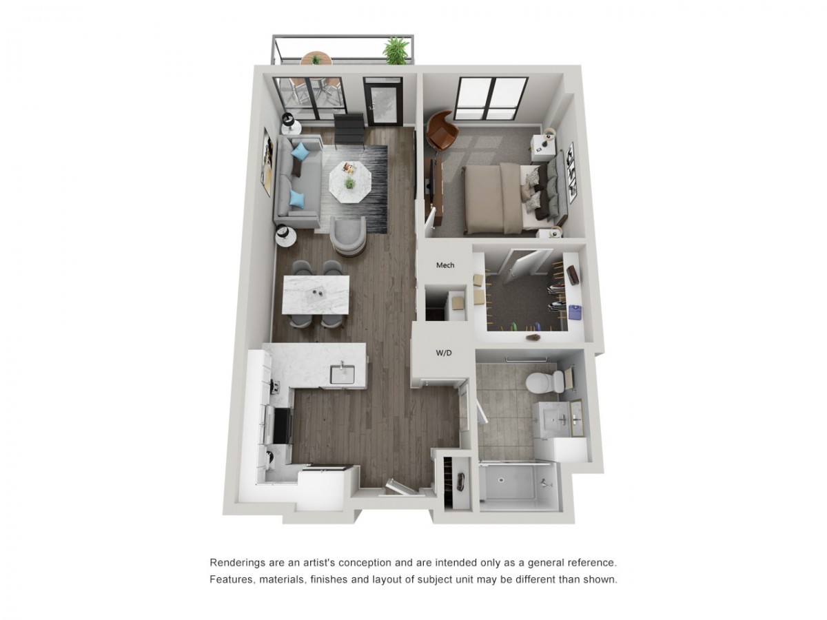 A 3D rendered floor plan of a modern apartment featuring a living room, kitchen, bedroom, and bathroom.