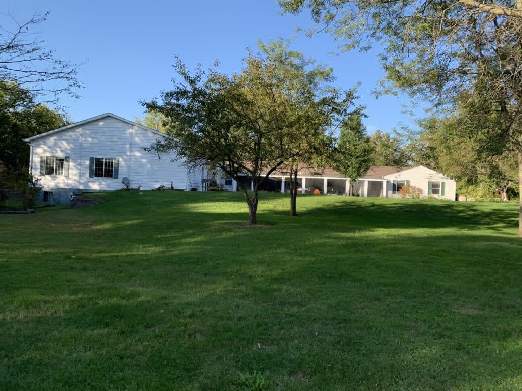 A peaceful residential area with a spacious lawn and trees on a sunny day.