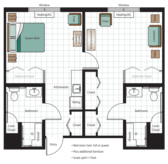 A detailed floor plan showing two adjacent apartment units, each with a bedroom, bathroom, kitchen, and living area.