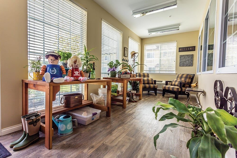 A cozy waiting room filled with plants and sunlight, featuring comfortable chairs and a wooden table with stuffed animals.