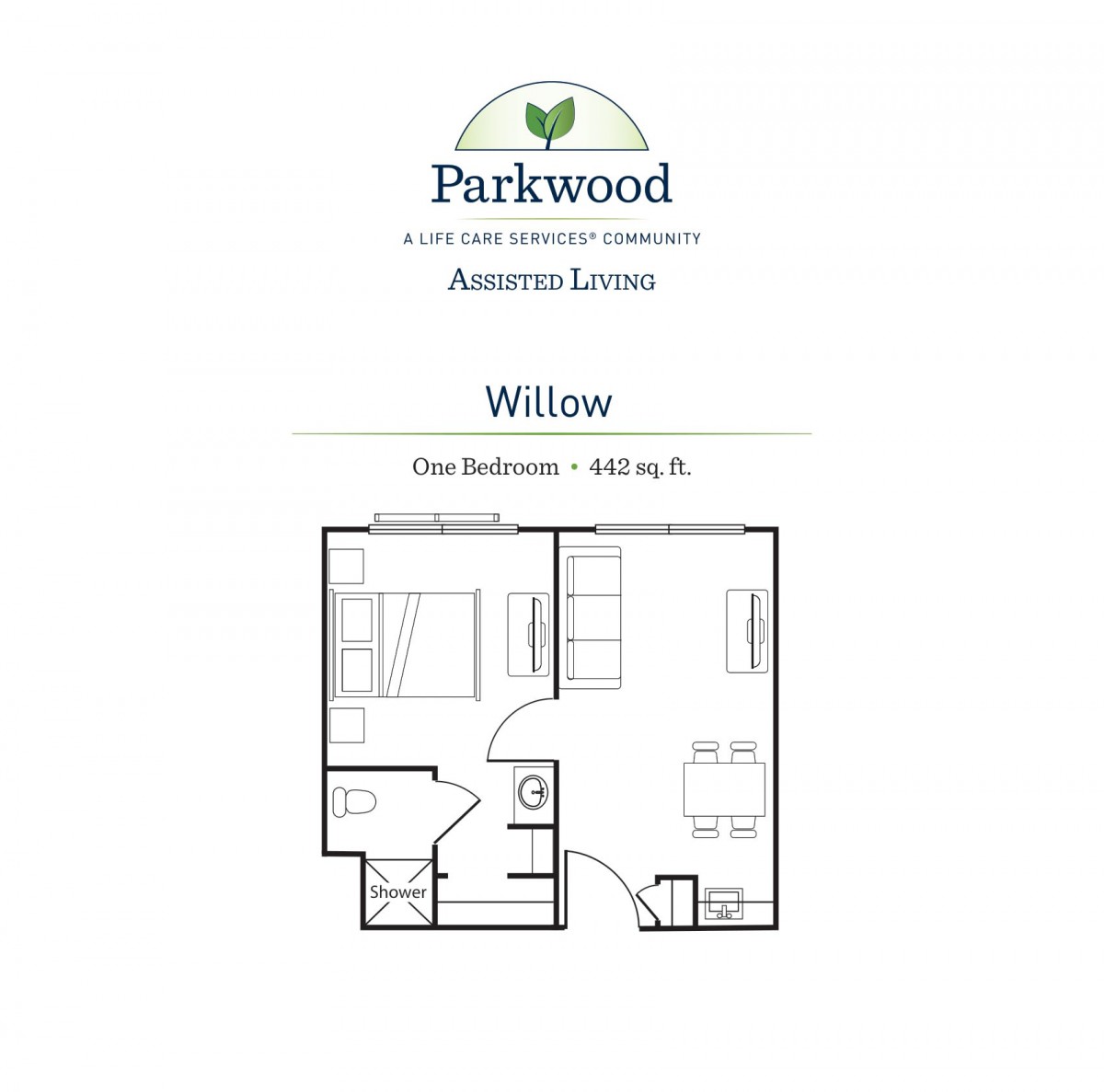 Floor plan for the Willow one-bedroom apartment at Parkwood.