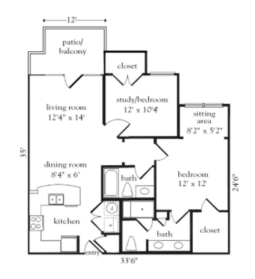 A detailed floor plan of an apartment, showing the layout of rooms including the living room, dining room, kitchen, bedrooms, bathrooms, and study.