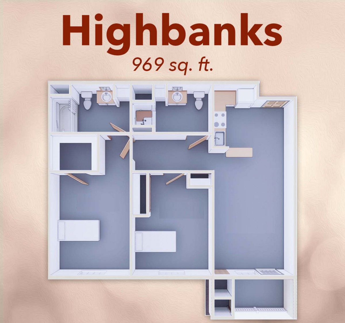 Highbanks apartment floor plan with a total area of 969 square feet.