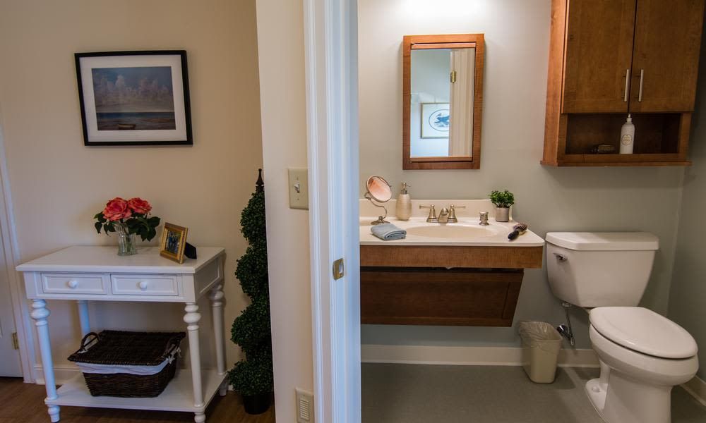 A cozy bathroom with a wooden sink vanity and decorative elements such as plants and artwork.
