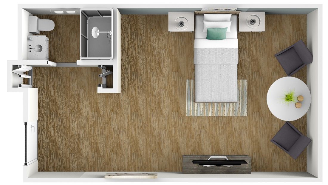 A top view floor plan of a bedroom featuring a single bed, carpet, and furniture layout.