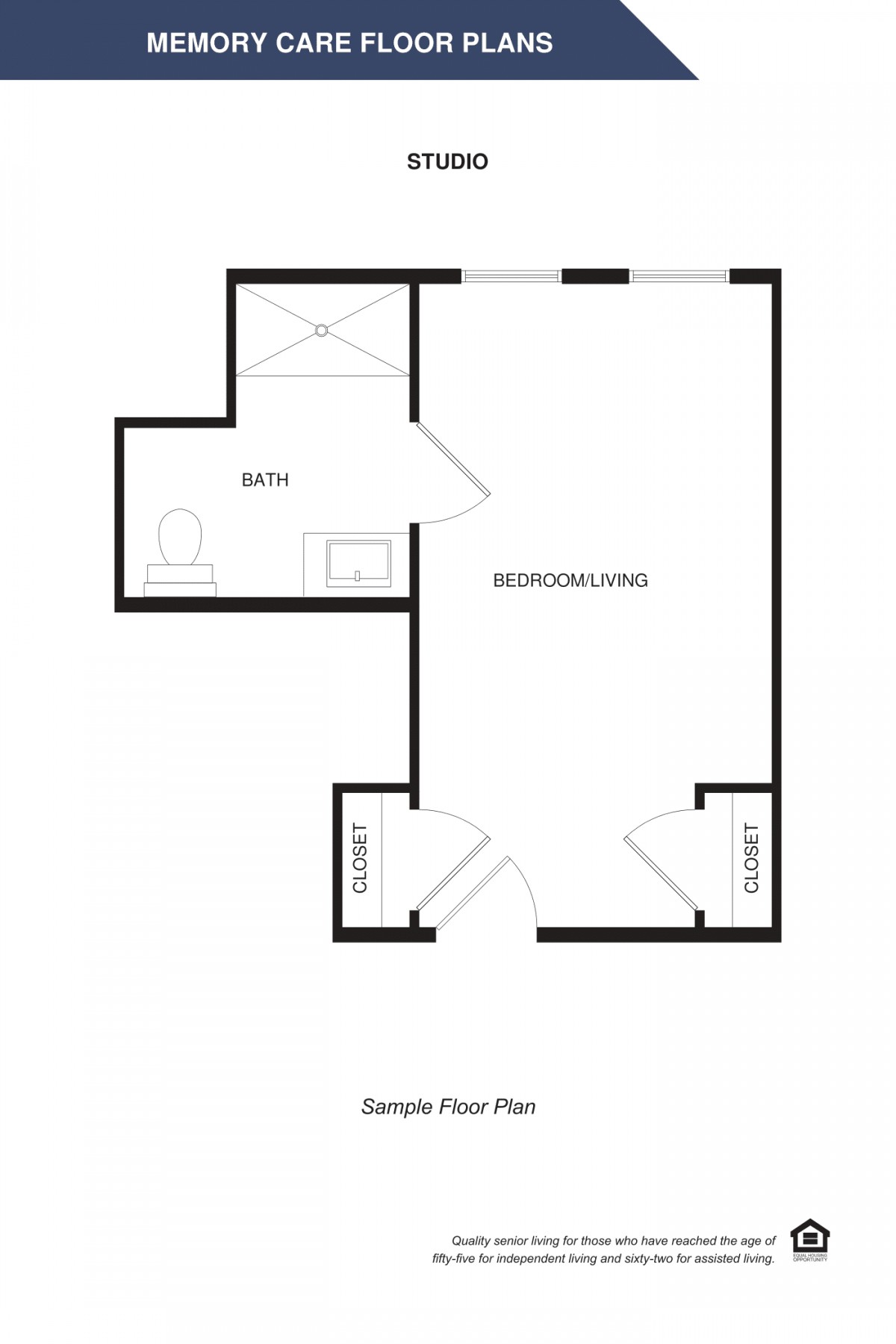 A simple floor plan with a living area, kitchen, and closet.