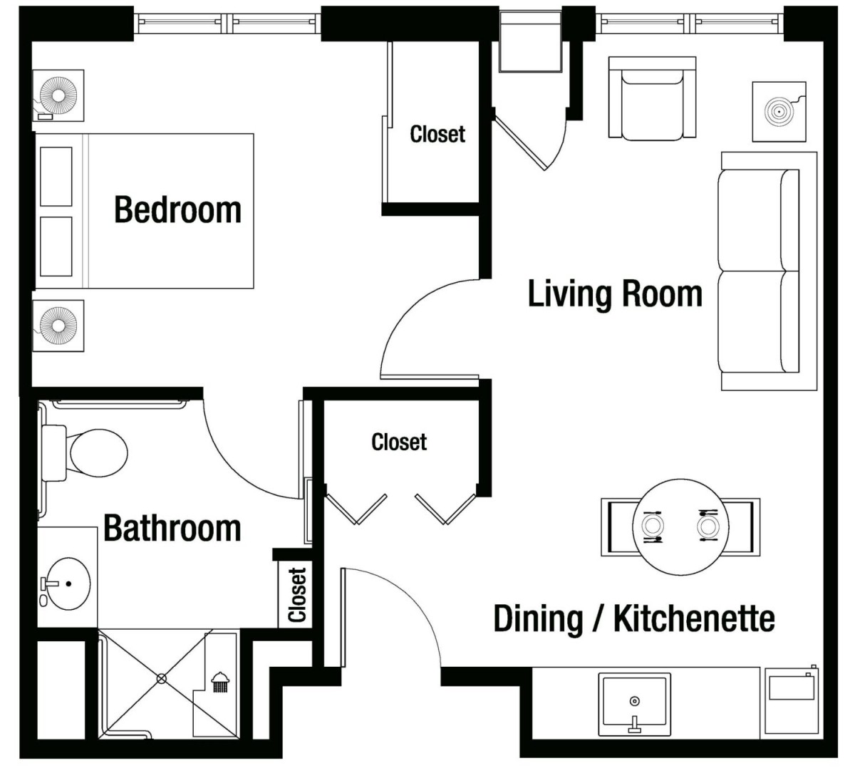 A floor plan of a one-bedroom apartment featuring a living room, dining/kitchenette area, bathroom, and closet.