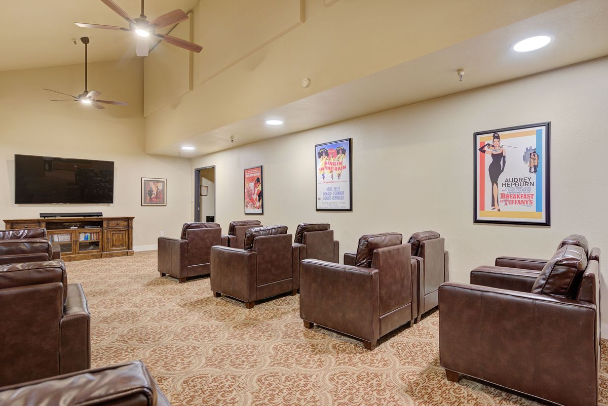 A cozy movie theater room with brown leather chairs and classic film posters on the walls.