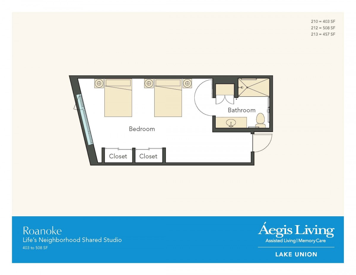 Floor plan of a small living space featuring a bedroom and bathroom.