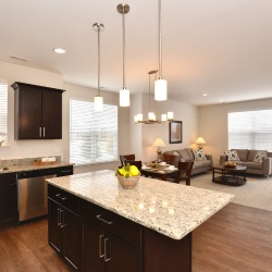 A stylish modern kitchen featuring granite countertops and pendant lighting, seamlessly connecting to the living area.