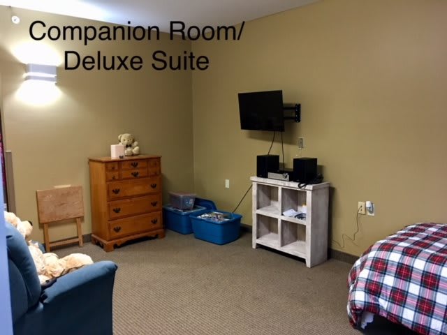 Interior of a companion room/deluxe suite with furniture and television.