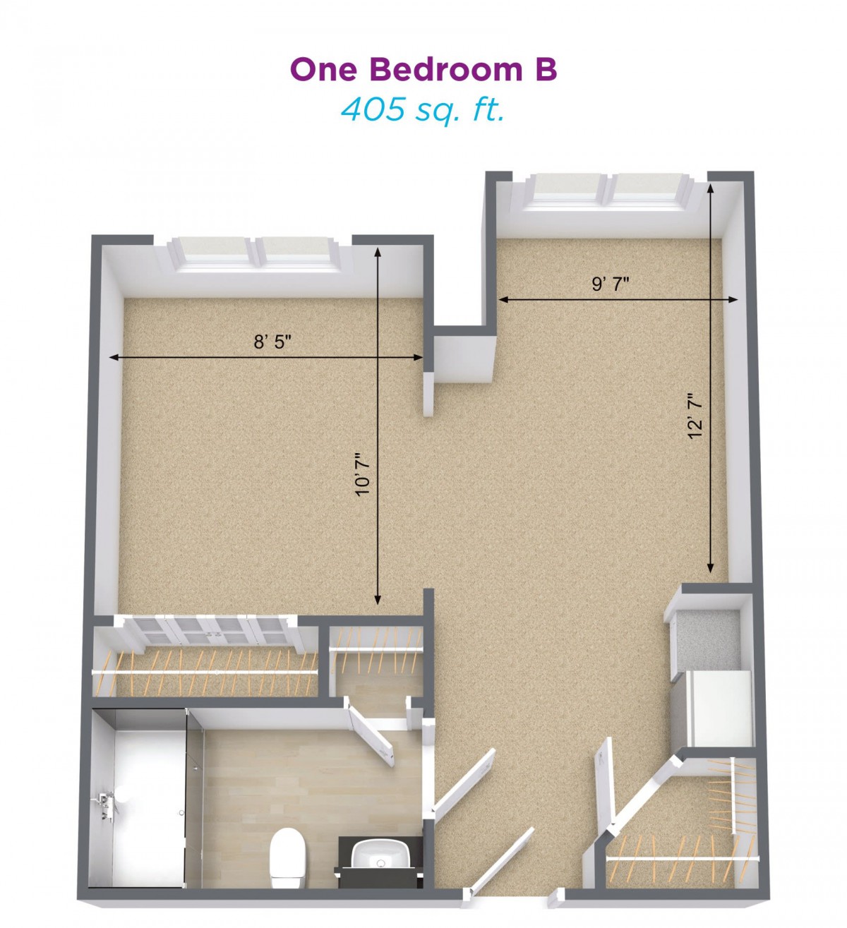 One Bedroom Apartment Floor Plan - 635 sq ft