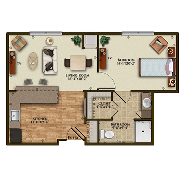 A one-bedroom apartment floor plan featuring a living room, kitchen, bathroom, and dining area.