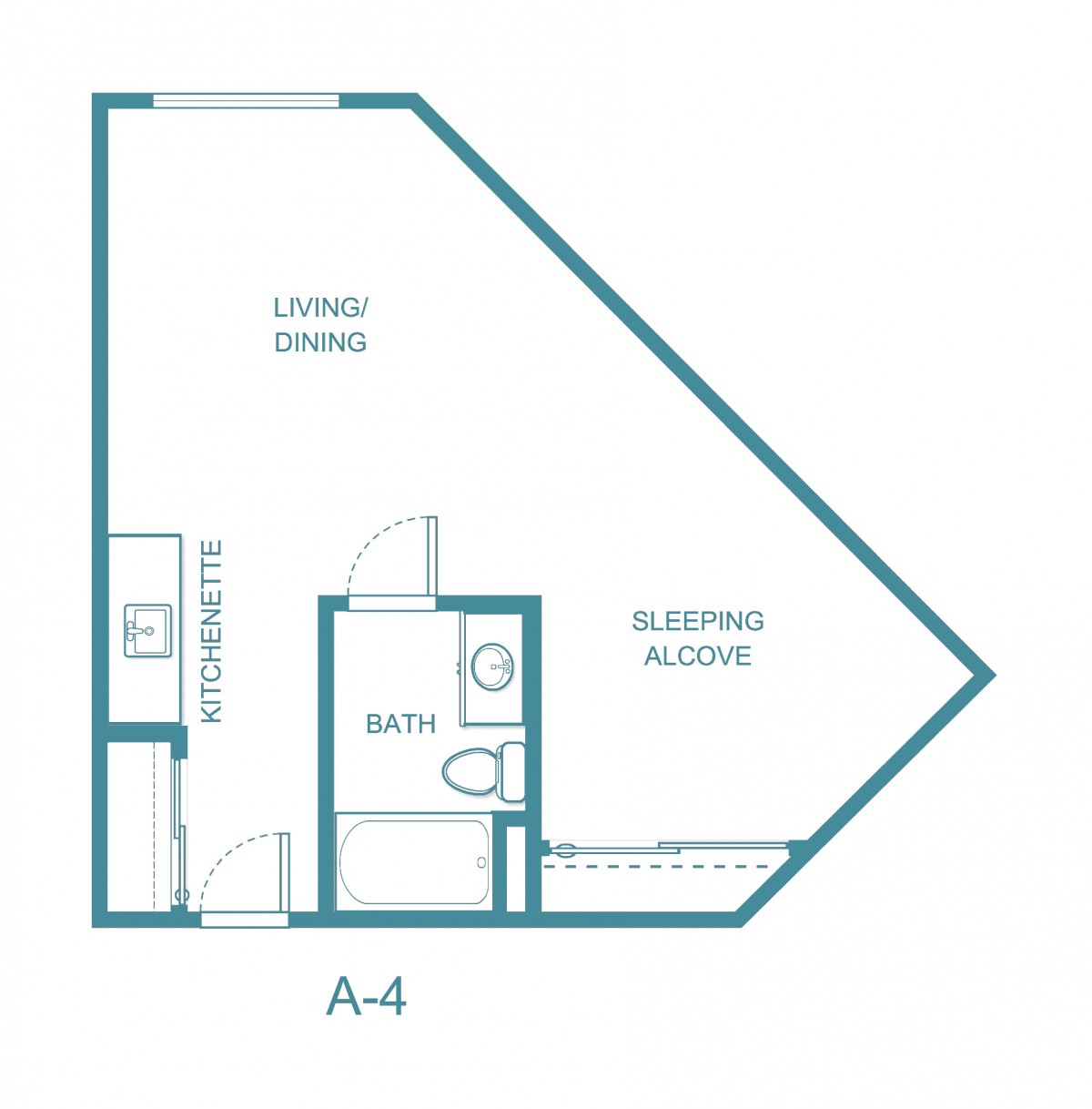 Studio apartment floor plan with a sleeping alcove, bath, and kitchenette.