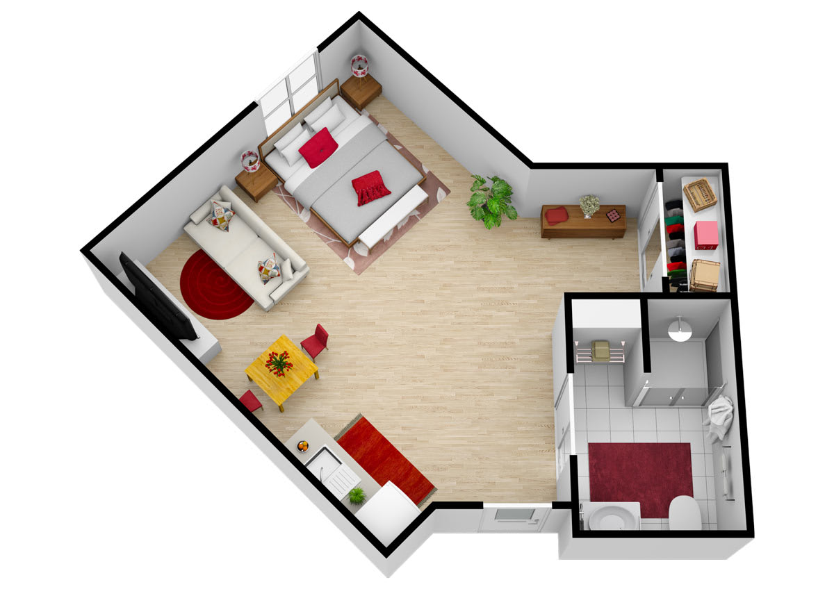A cozy apartment floor plan featuring a bedroom, living area, and bathroom with stylish furnishings.