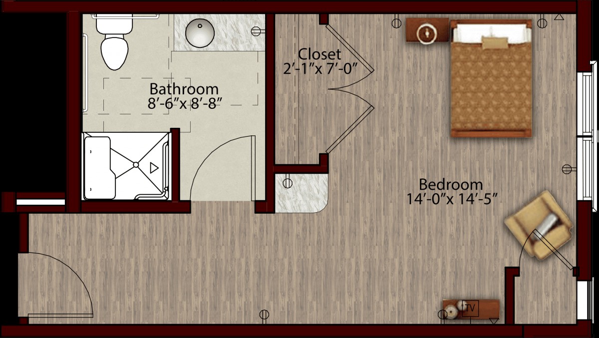 A floor plan showing a bedroom, bathroom, and closet layout with room dimensions.