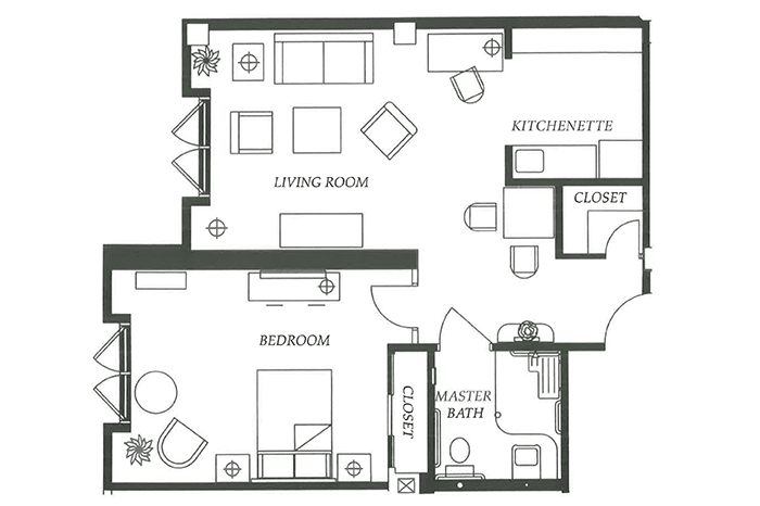 A detailed floor plan of a one-bedroom apartment with labeled living spaces.