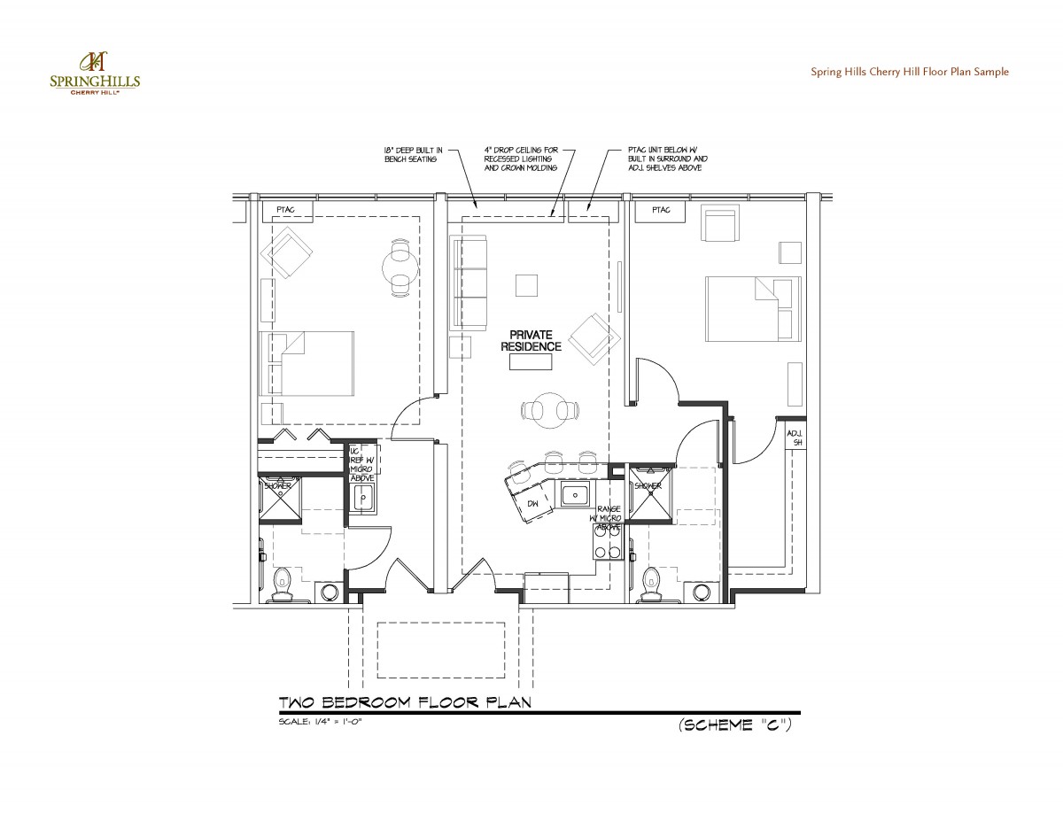 Two-bedroom floor plan layout with labeled rooms and dimensions.
