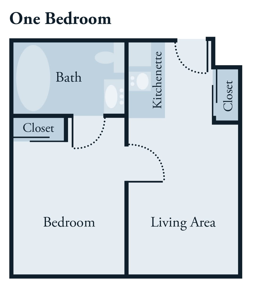 A floor plan of a one-bedroom apartment featuring a living area, bathroom, bedroom, and closets.