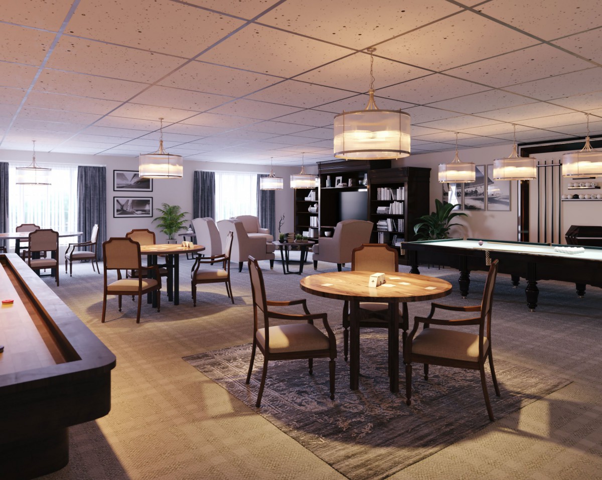 A spacious and modern living area with elegant dining tables, comfortable seating, and stylish lighting fixtures.