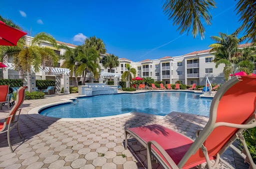 A beautiful resort-style pool area surrounded by lush greenery and sunny skies.