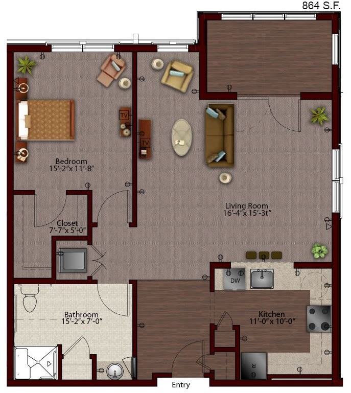 A detailed floor plan of an apartment showcasing the layout of rooms including the living room, kitchen, bedroom, and bathroom.