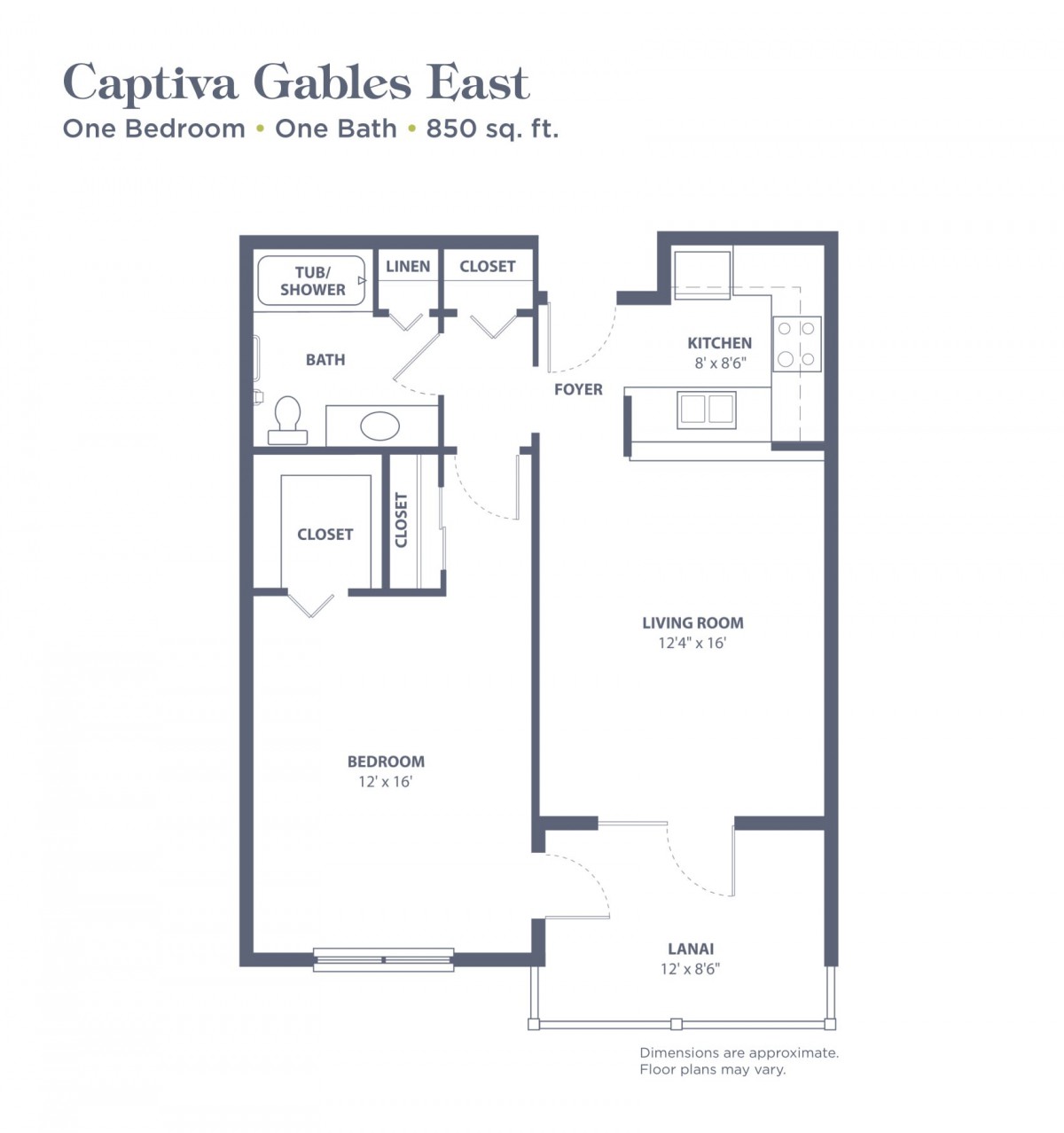 Floor plan of a one-bedroom, one-bath apartment at Captiva Gables East with a living room and kitchen.