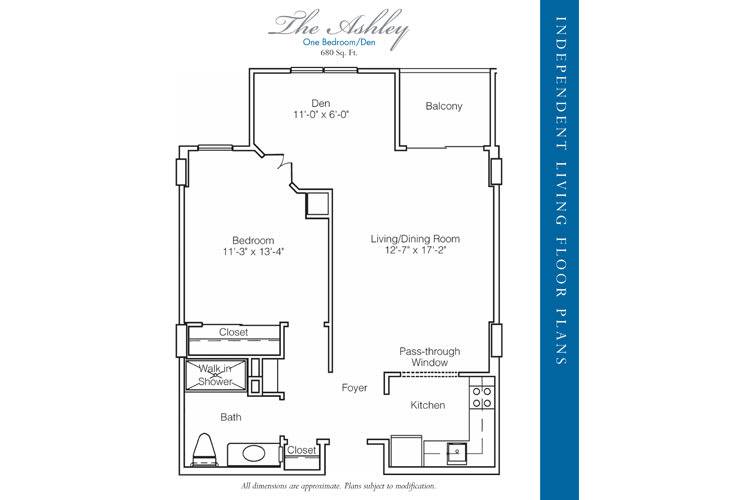 Floor plan of a one-bedroom apartment with living/dining area, kitchen, bathroom, and balcony.
