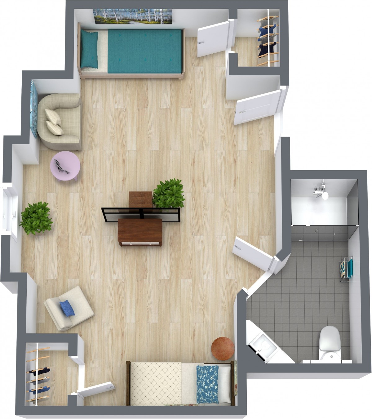 A simple apartment floor plan featuring a combined living area and bedroom with an adjacent bathroom.