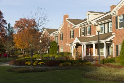 A row of suburban houses with autumn foliage.