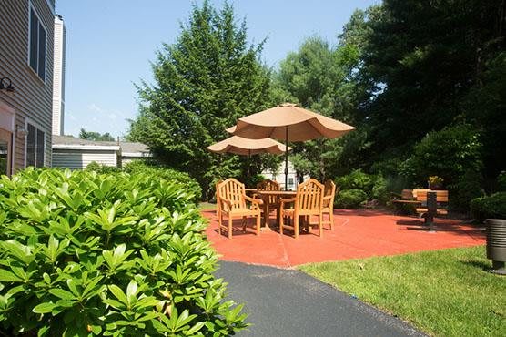 A sunny outdoor patio with wooden furniture and umbrellas set in a garden.