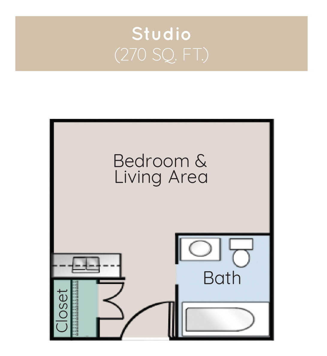 A layout of a studio apartment featuring a combined bedroom and living area, a bathroom, and a closet.