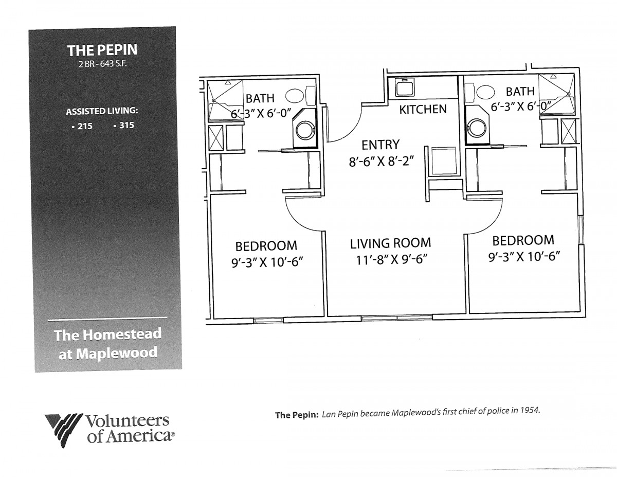 An architectural floor plan displaying the layout of a two-bedroom apartment.