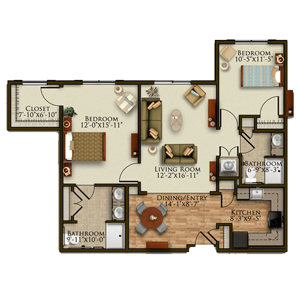 A detailed floor plan of a two-bedroom apartment, featuring a living room, kitchen, and bathroom.