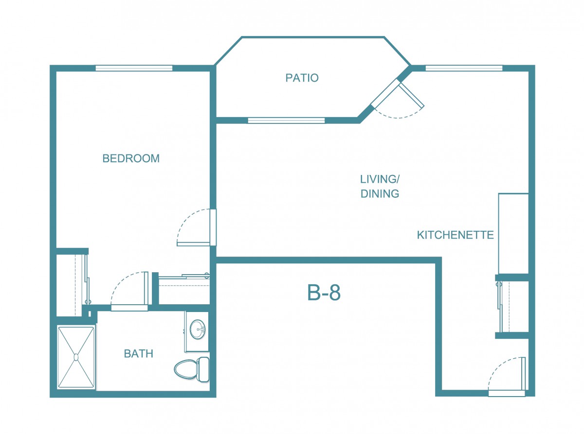 A simple floor plan showing a one-bedroom apartment layout with a patio, living/dining area, kitchen, bedroom, and bathroom.