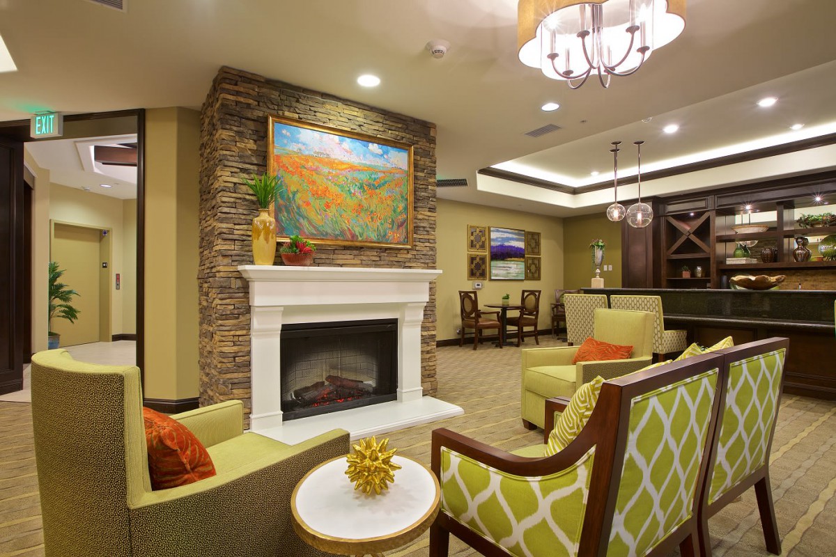 A cozy living room with a fireplace, comfortable seating, and elegant decor.