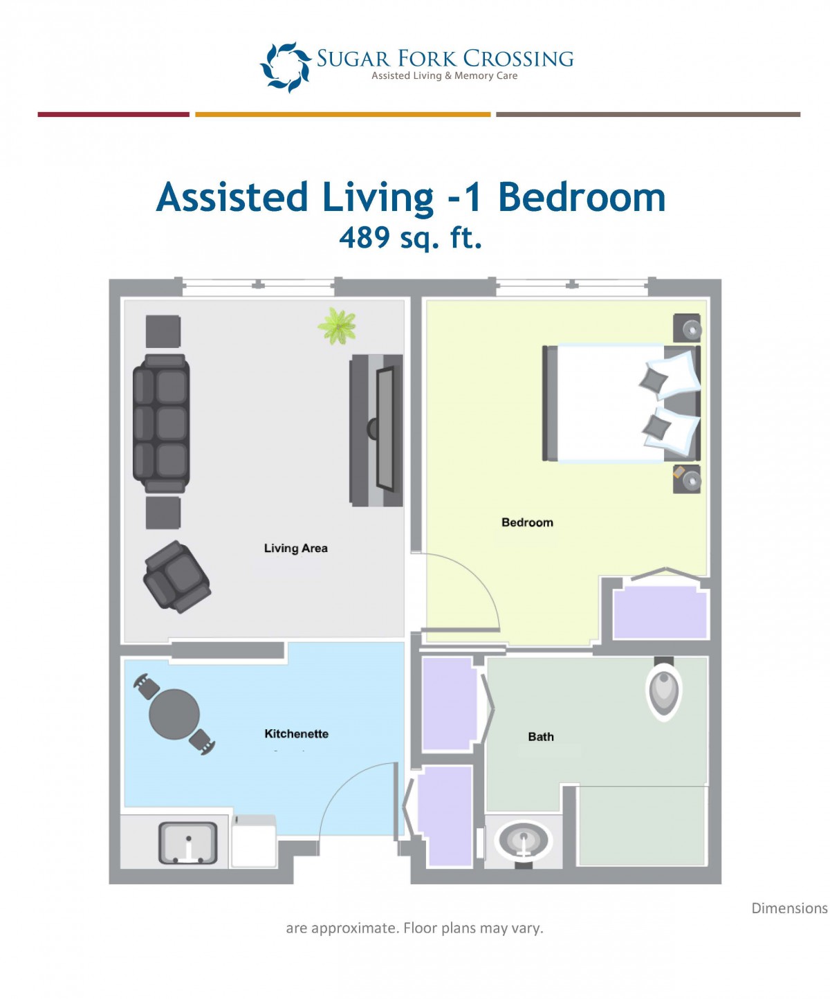 A floor plan for a one-bedroom assisted living unit, featuring a living room, kitchen, bathroom, and bedroom.