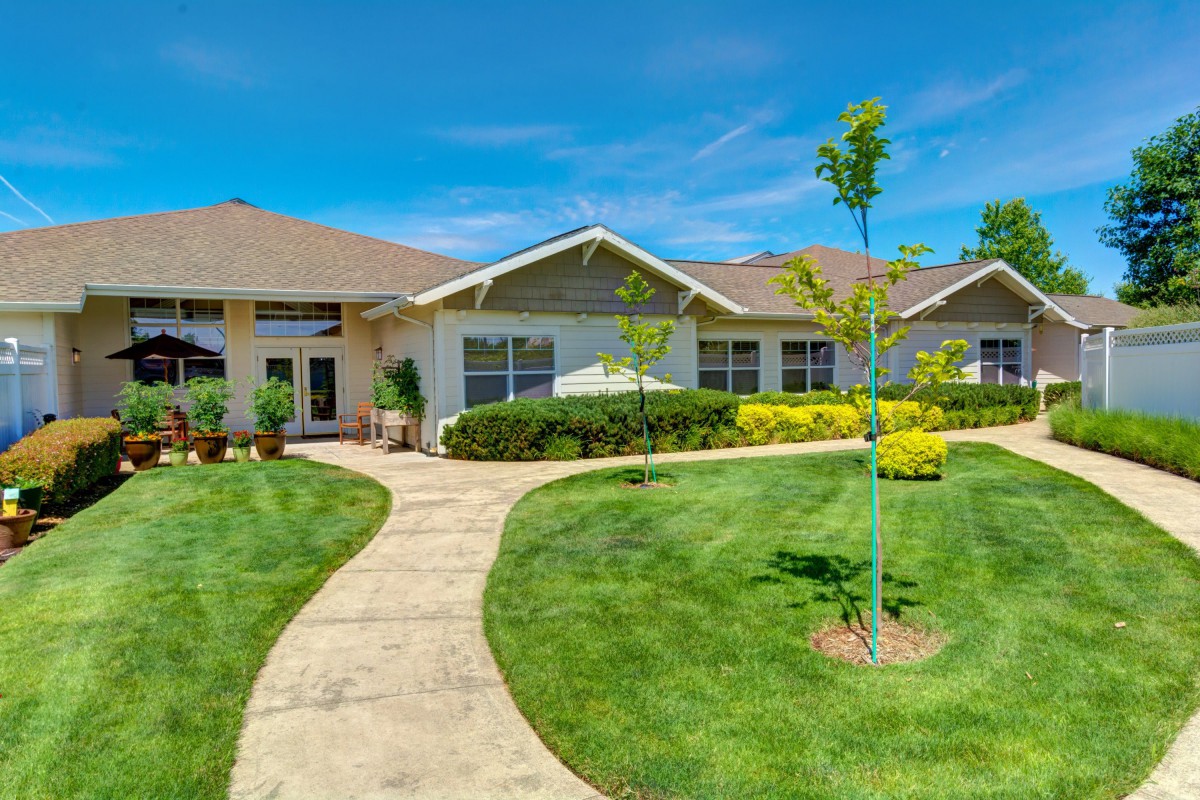 A well-maintained residential house with a lush green lawn and a curved pathway leading to the entrance on a sunny day.