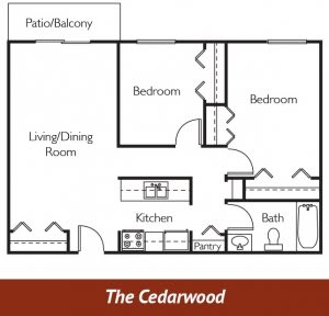 Floor plan of The Cedarwood, featuring two bedrooms and a patio/balcony.
