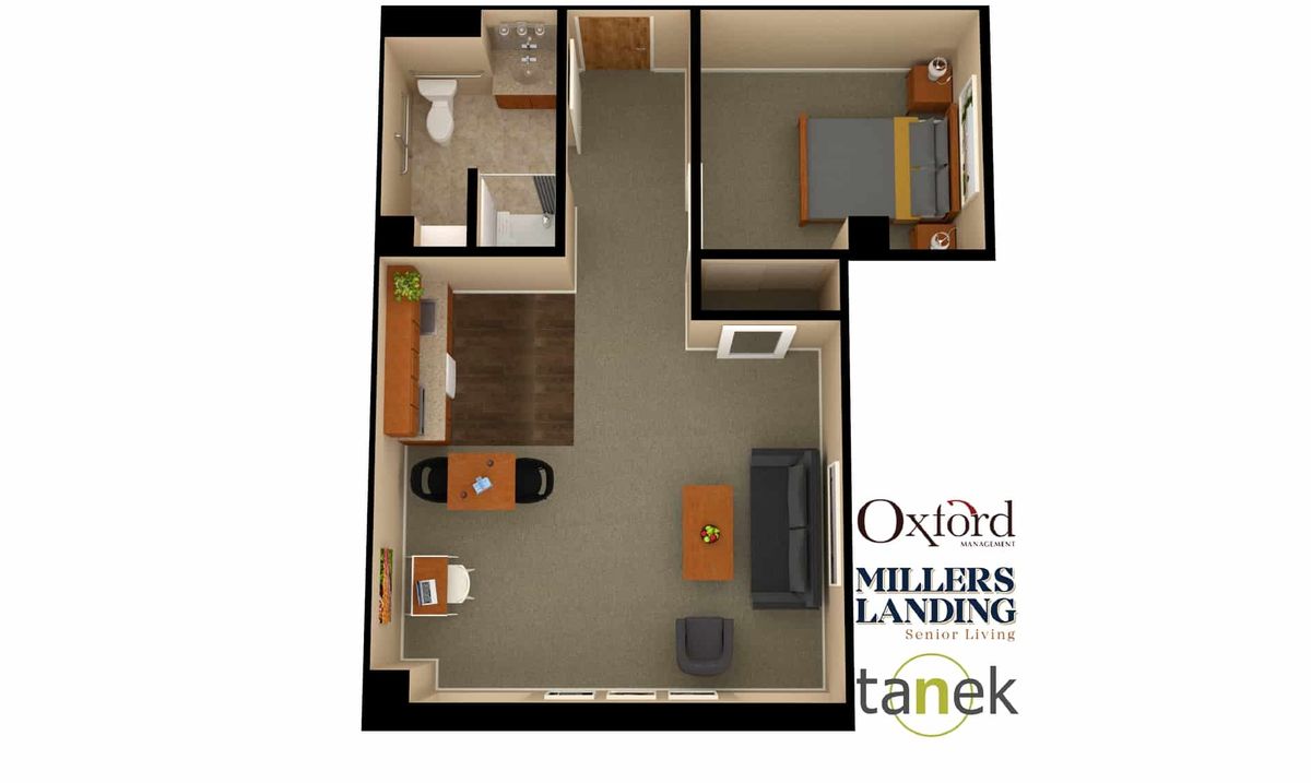 A floor plan of a studio apartment featuring a living area, kitchen, bedroom, and bathroom.