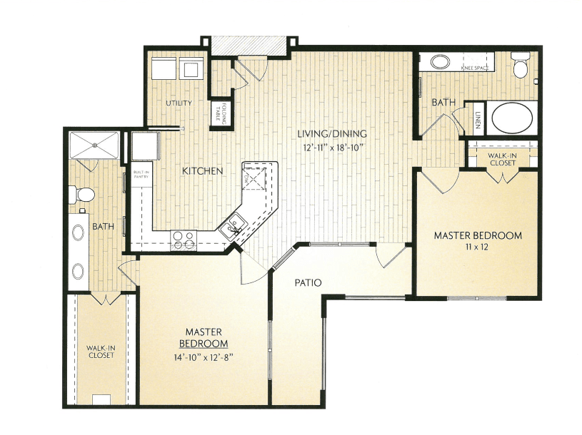 A detailed floor plan of an apartment featuring a master bedroom, second bedroom, kitchen, and living area.