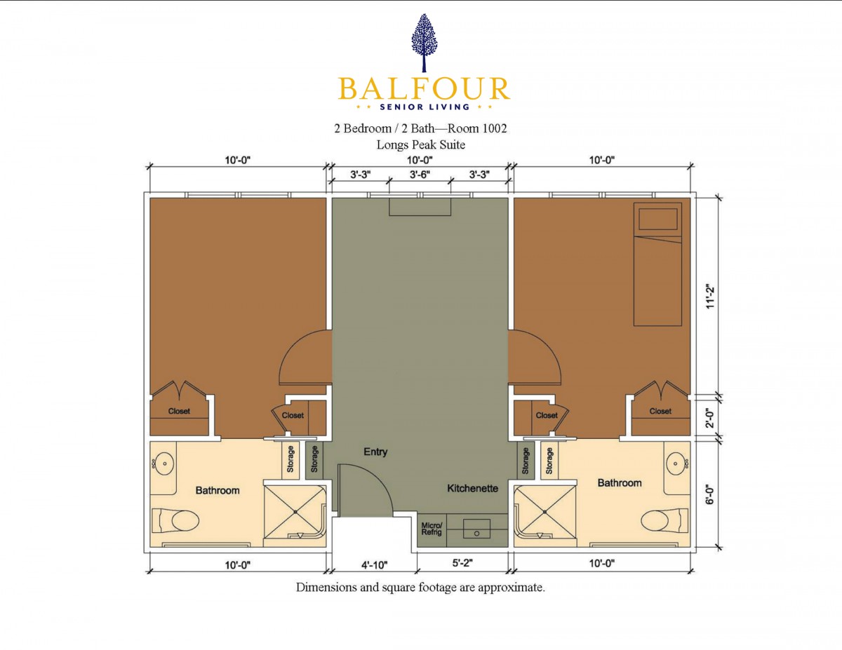 This image is a floor plan for a two-bedroom, two-bathroom housing unit by Balfour, displaying the layout and dimensions of the rooms.