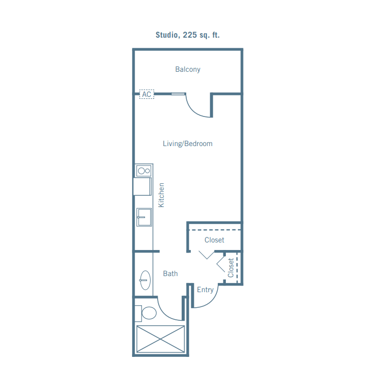 Studio apartment floor plan with designated living, kitchen, and bathroom areas.