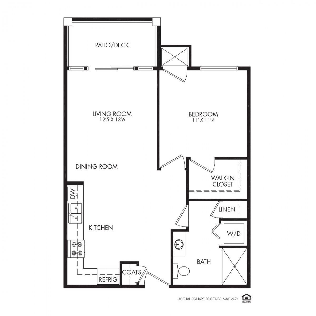 A floor plan featuring a one-bedroom apartment with an open-concept living and kitchen area.
