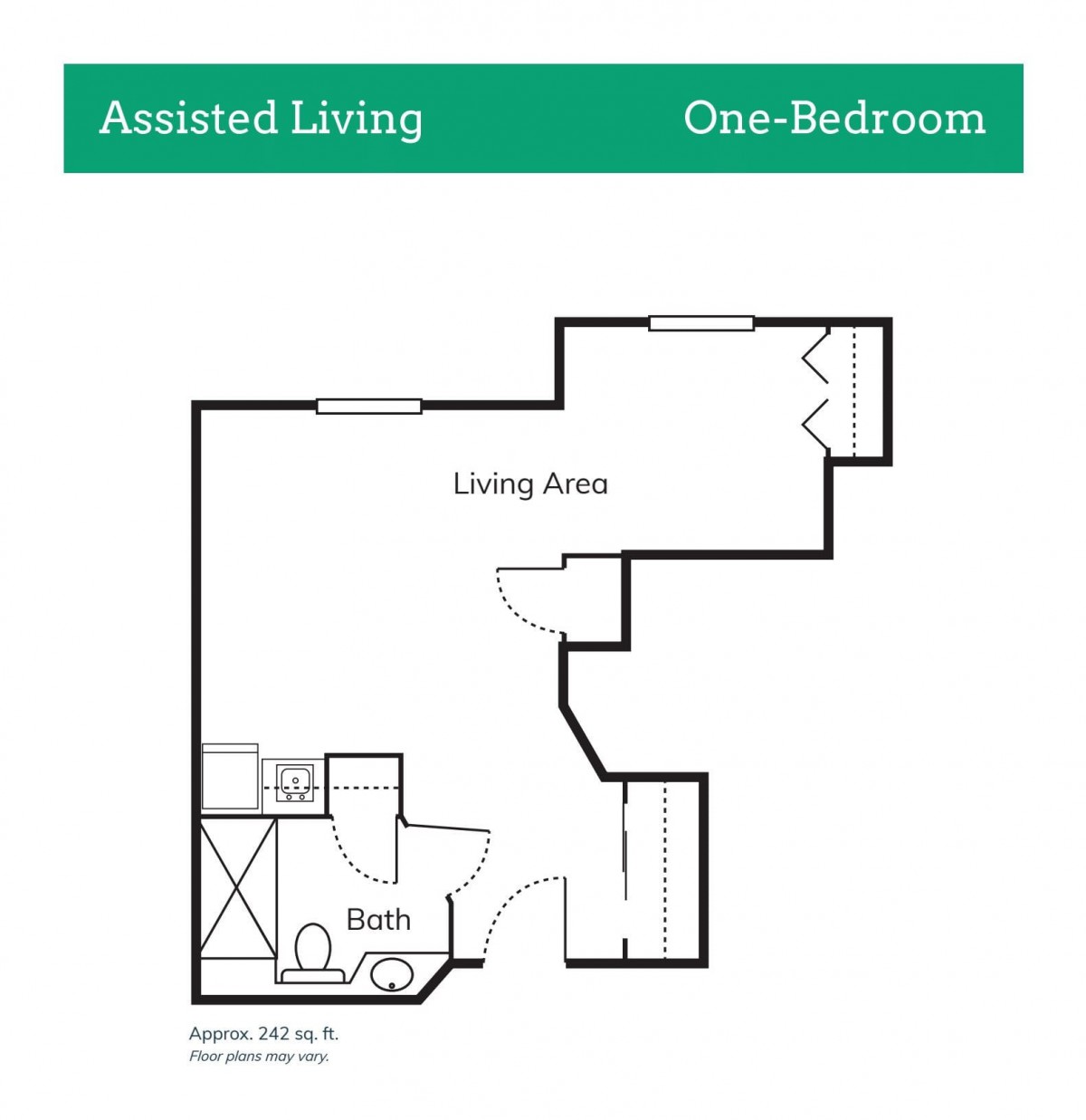 One-bedroom assisted living floor plan featuring a living area and bathroom.