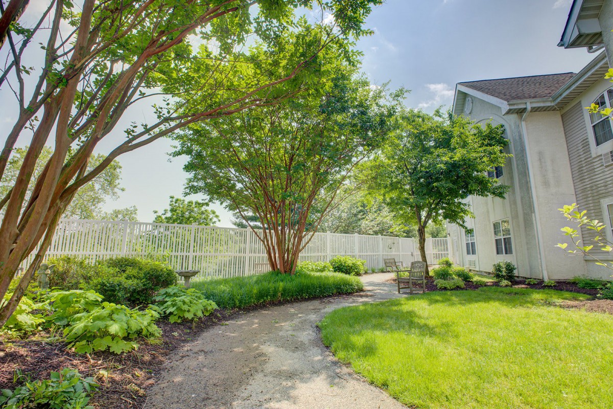 A tranquil garden pathway lined with trees and greenery, enclosed by a white fence.
