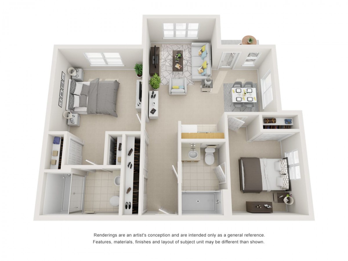 A 3D-rendered floor plan of a two-bedroom apartment showcasing furniture placement and room layout.