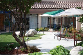A well-maintained garden patio with outdoor seating and umbrellas.